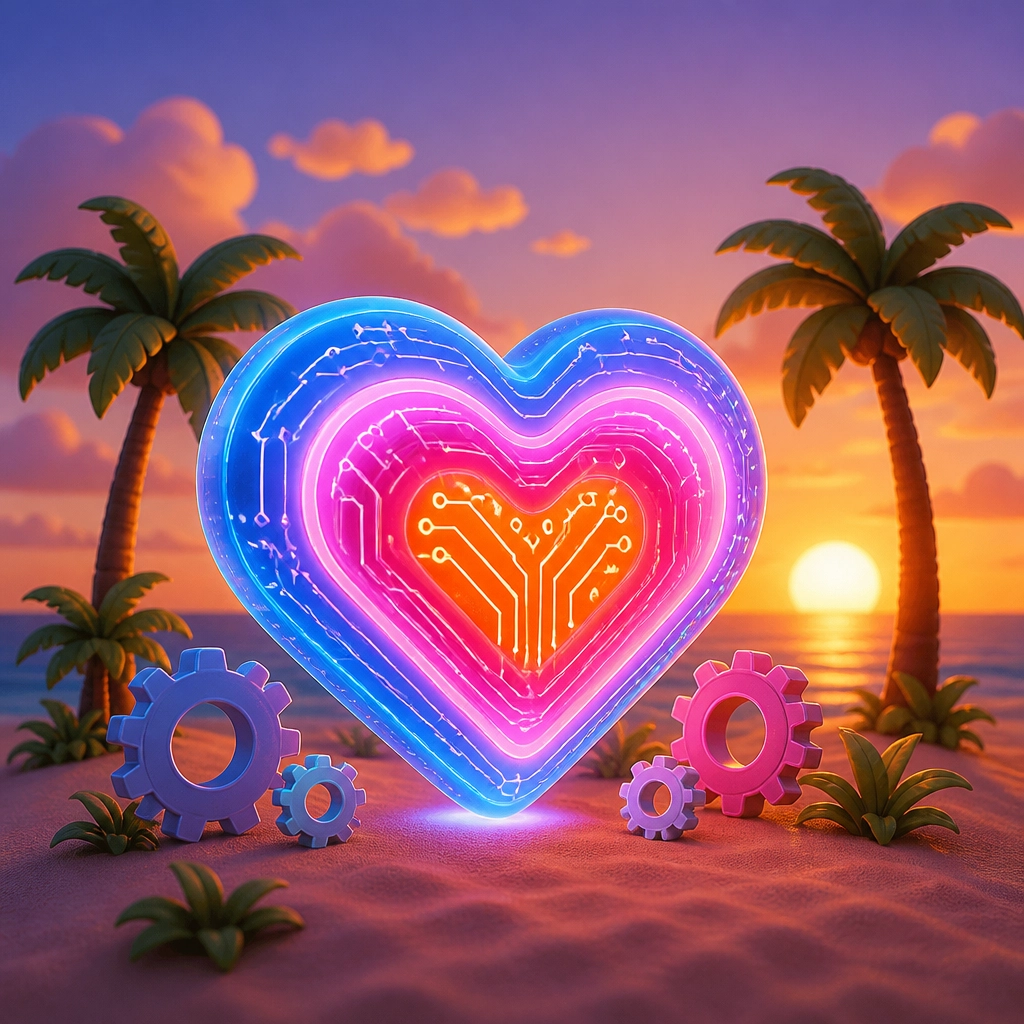 A glowing 3D heart icon surrounded by palm trees and gears, representing the peace of mind that comes with business automation.
