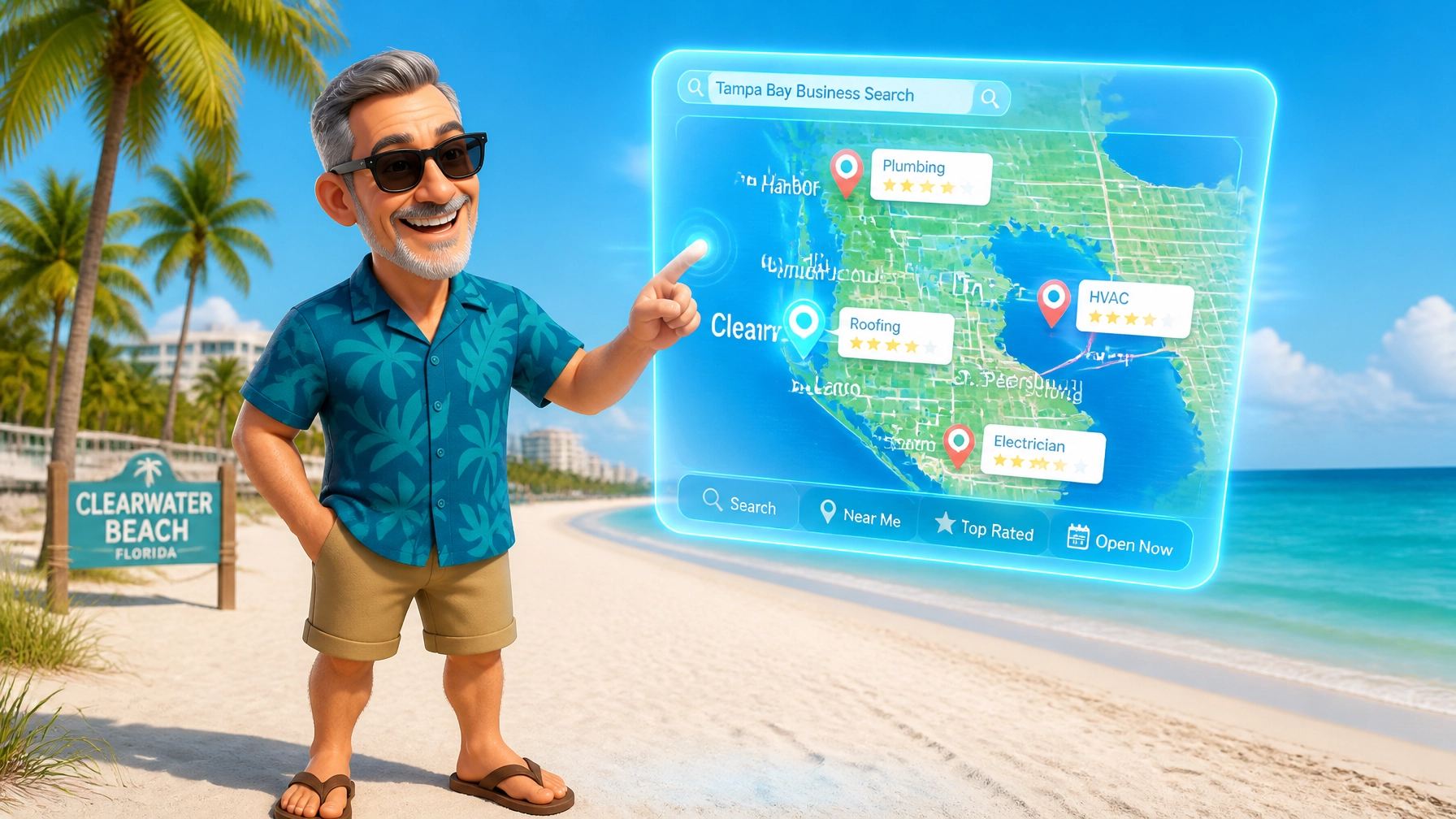 A friendly grey-bearded man in a Hawaiian shirt stands on a Clearwater beach, viewing a holographic 3D map of Tampa Bay with AI search results.
