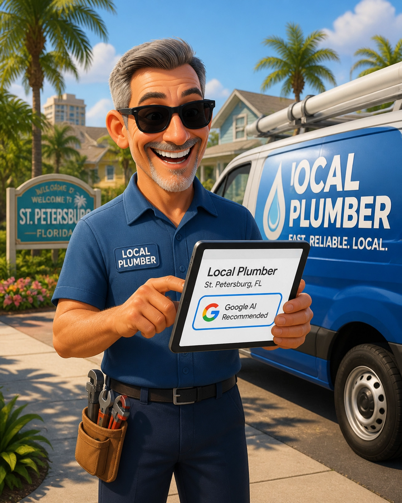 A local plumber in St. Petersburg smiling at a tablet showing his business as a 'Google AI Recommended' service.