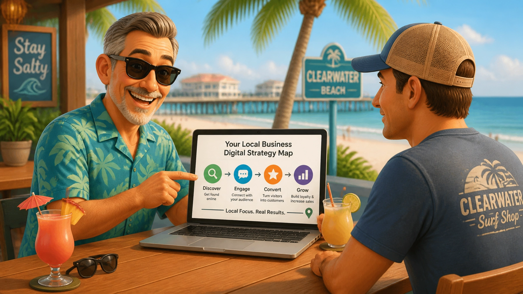A grey-bearded expert at a beachside cafe explaining a digital strategy map to a local business owner.