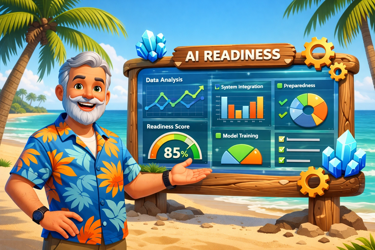 Business consultant presenting an AI readiness assessment dashboard for executive leadership and AI strategy.