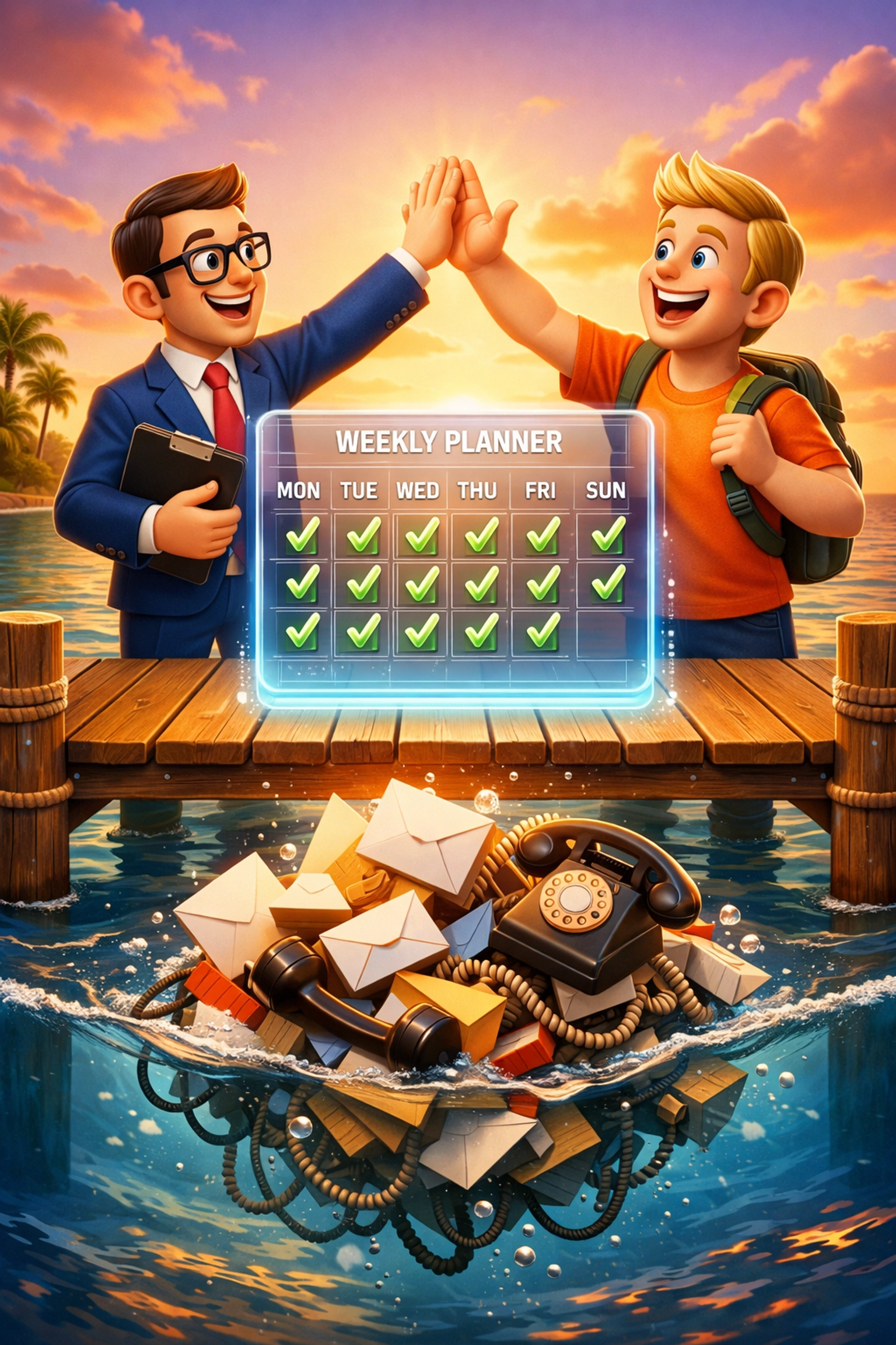 Professional and client celebrate an organized calendar using AI consulting services on a sunny pier.
