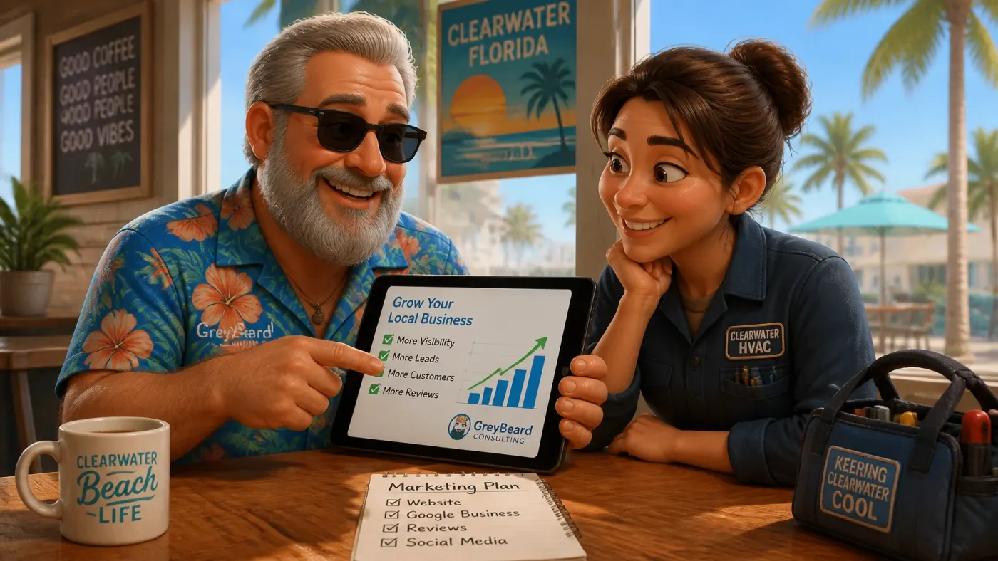 A consultant and small-business owner reviewing a straightforward workflow together