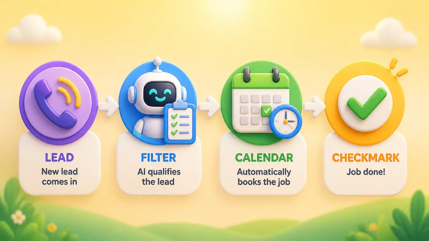 A simple workflow showing an inquiry moving through qualification and scheduling to a completed job