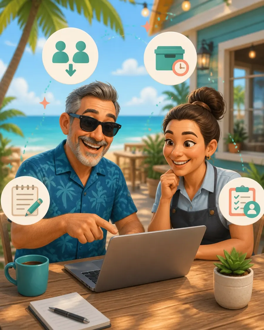 A relieved local business owner completing a CRM cleanup checklist with an experienced consultant
