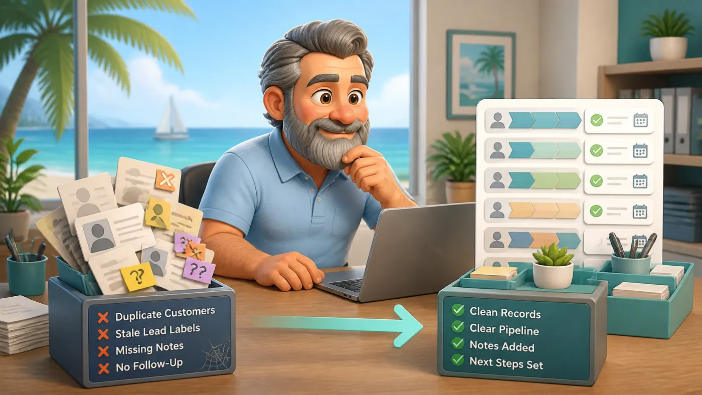 A Tampa Bay small-business owner organizing messy CRM records into a clean sales pipeline