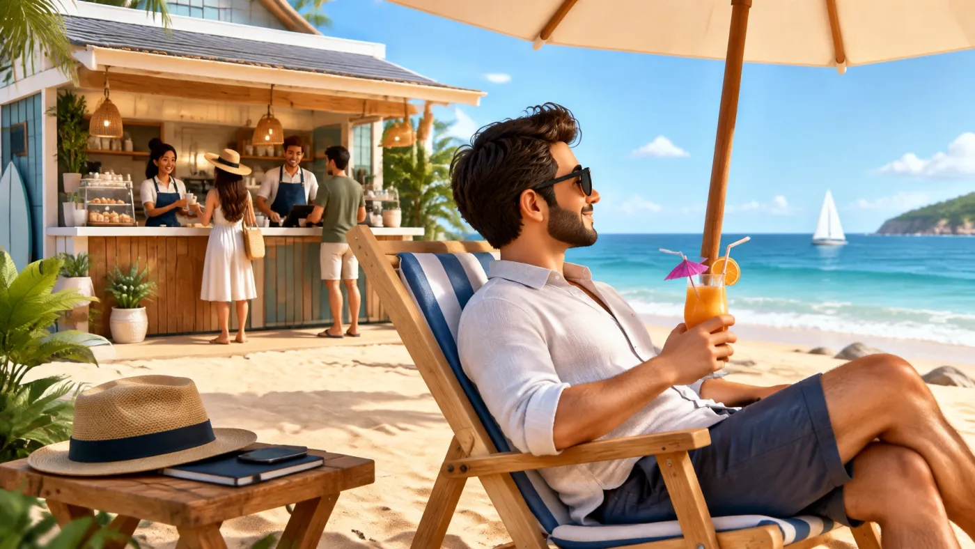 A relaxed business owner on the beach while a well-run shop operates smoothly in the background