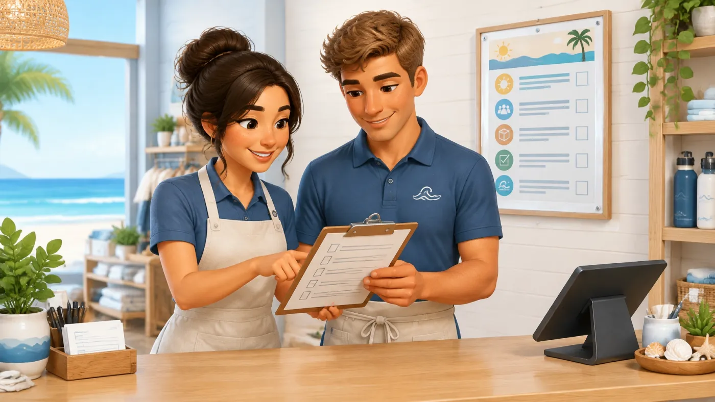 Two staff members using a checklist and the owner's one-page business playbook