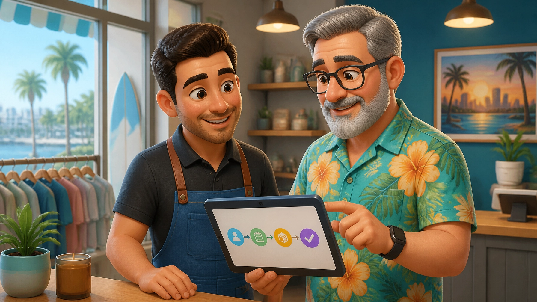 A business owner and a grey-bearded consultant standing inside a Clearwater shop, looking together at a simple workflow diagram on a tablet