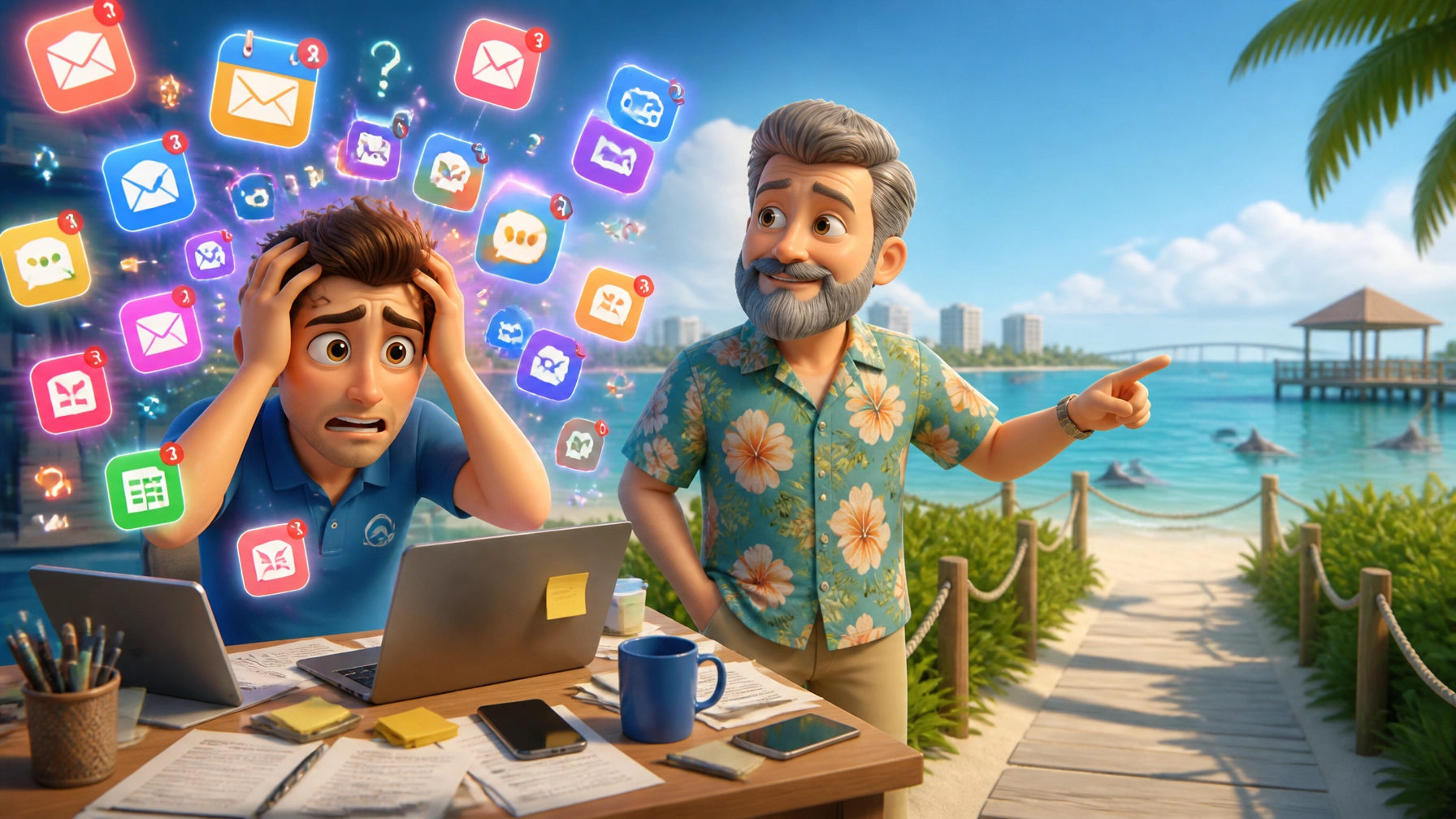 A small business owner overwhelmed by a swarm of apps and notifications, while a grey-bearded mentor points toward a calmer path forward on a Clearwater beach