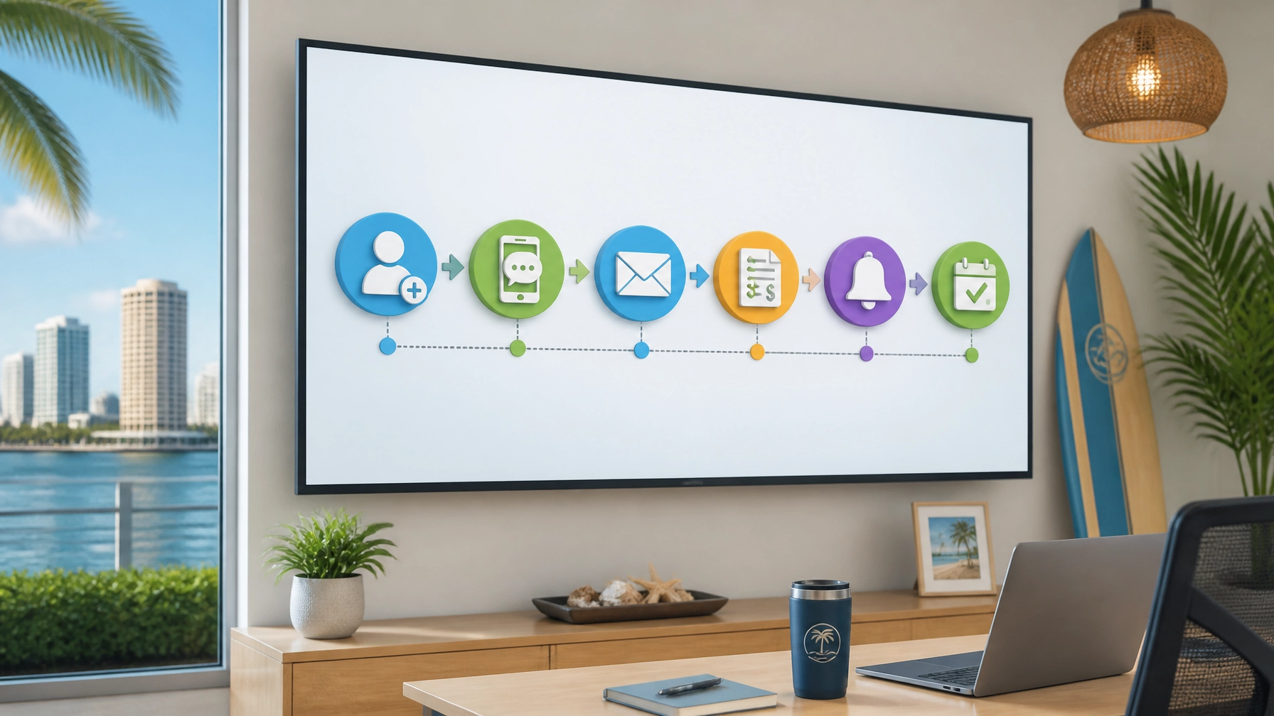 A Tampa Bay small business owner in a home service office reviewing an automated lead follow-up workflow on a wall screen