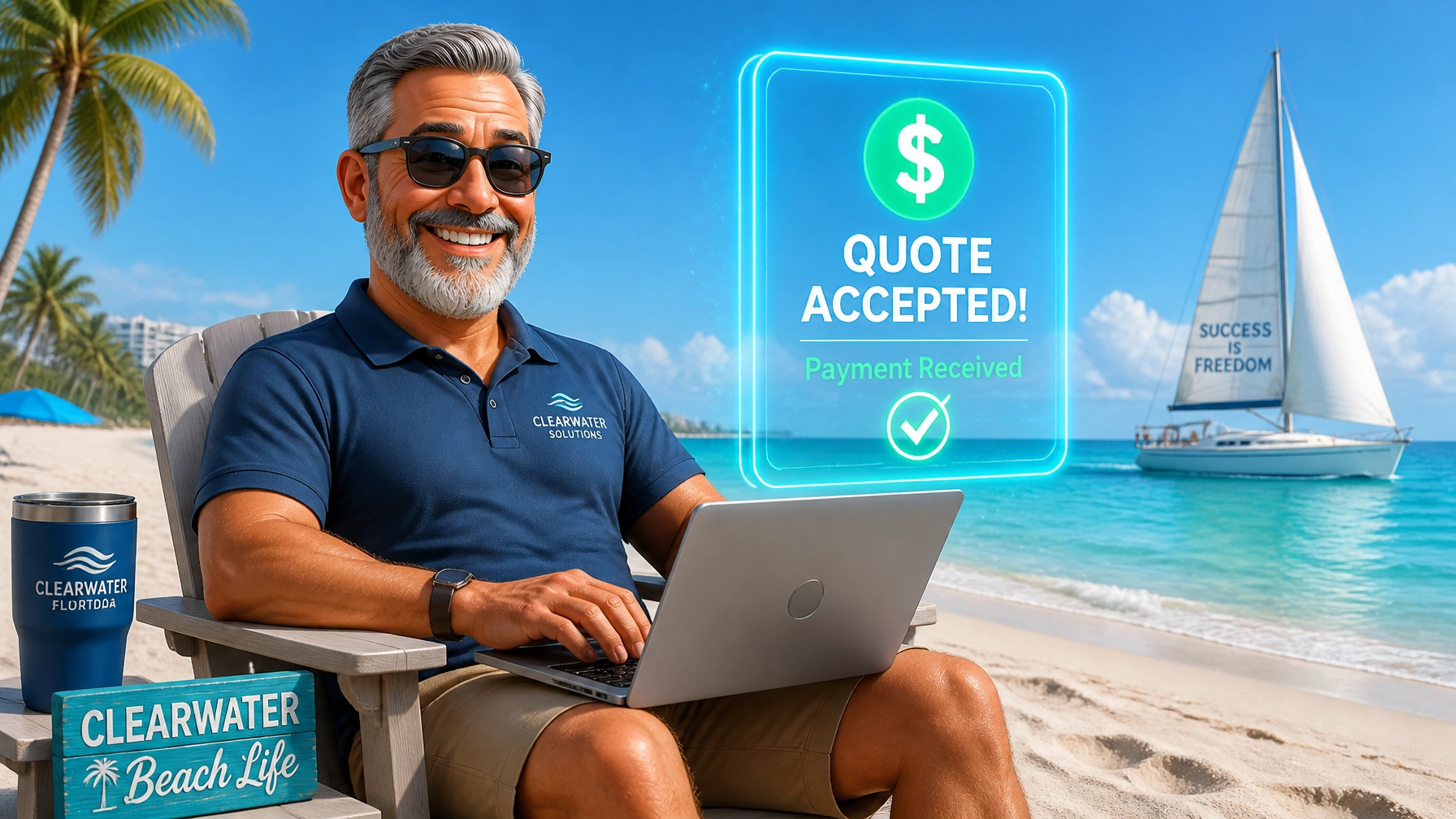 A grey-bearded professional sitting on a Clearwater beach, relaxed because his quoting is automated