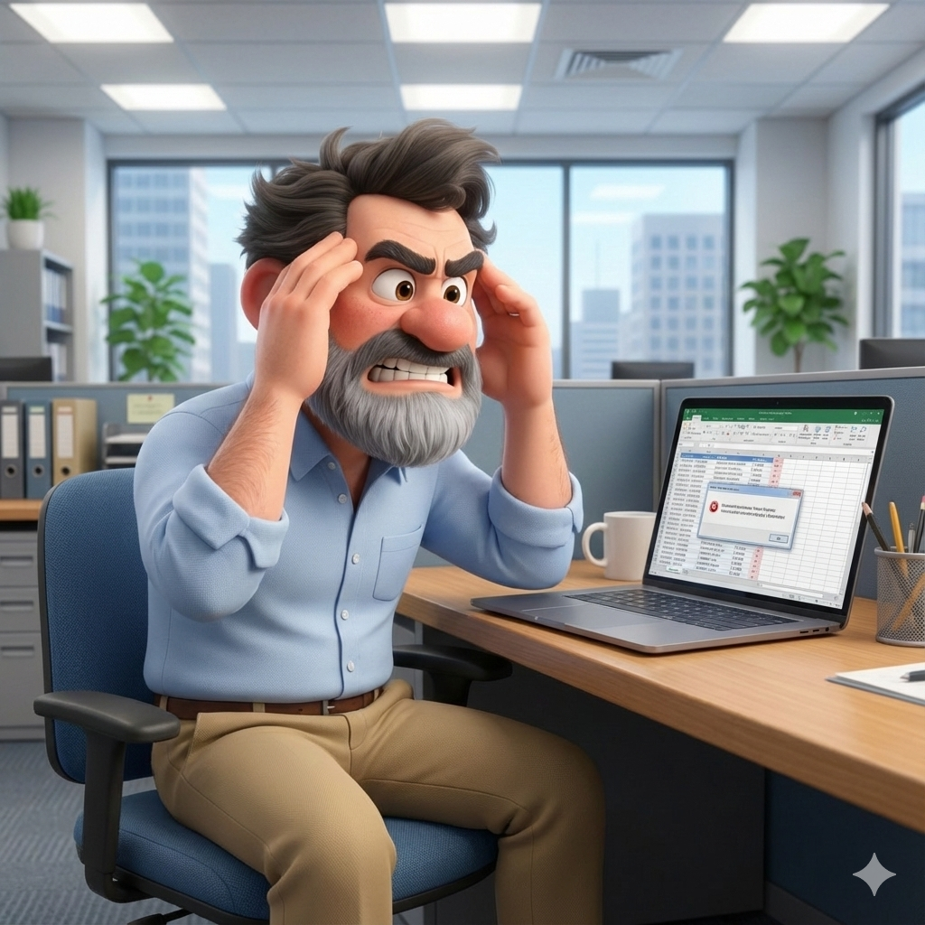 A business owner stressed at a desk, overwhelmed by manual paperwork and complex spreadsheets
