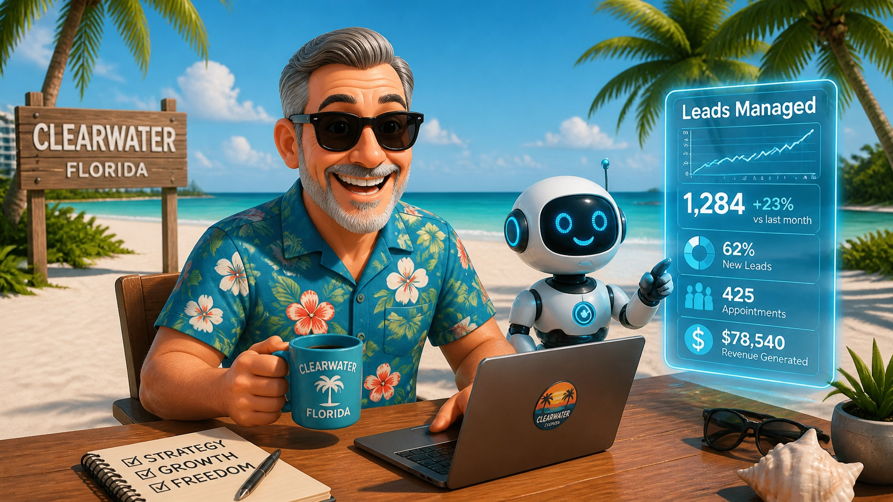 A grey-bearded mascot relaxing on a Clearwater beach while a robot manages lead dashboards